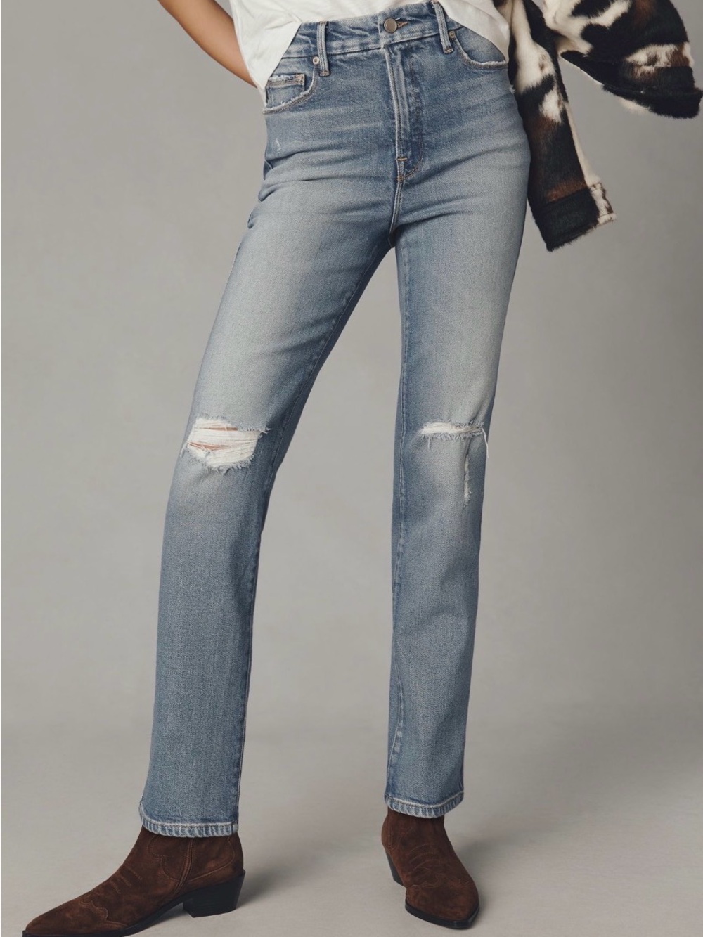 NWT Good American Light Wash Straight Leg Jeans with Knee Rips